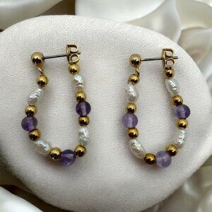Vintage Lee Sands Cultured Freshwater Pearl Earrings Purple‎ Gold Tone Hoops